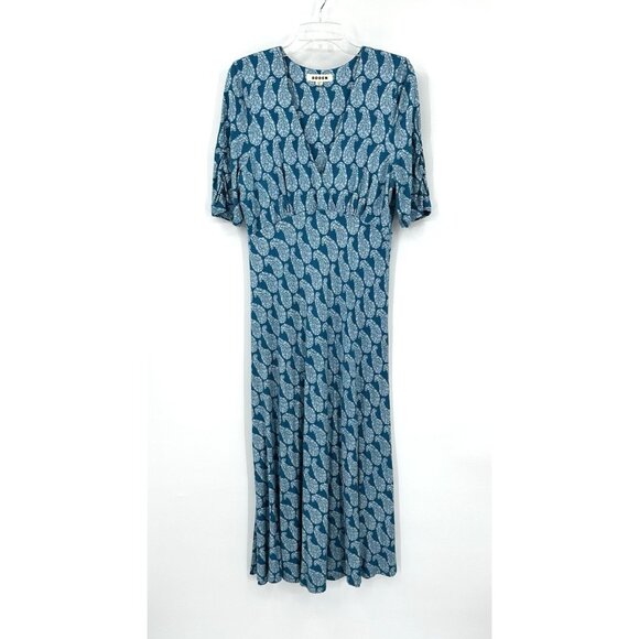 BODEN REBECCA dress midi jersey tea paisley stretch knit v neck blue teal 12R - Picture 4 of 10